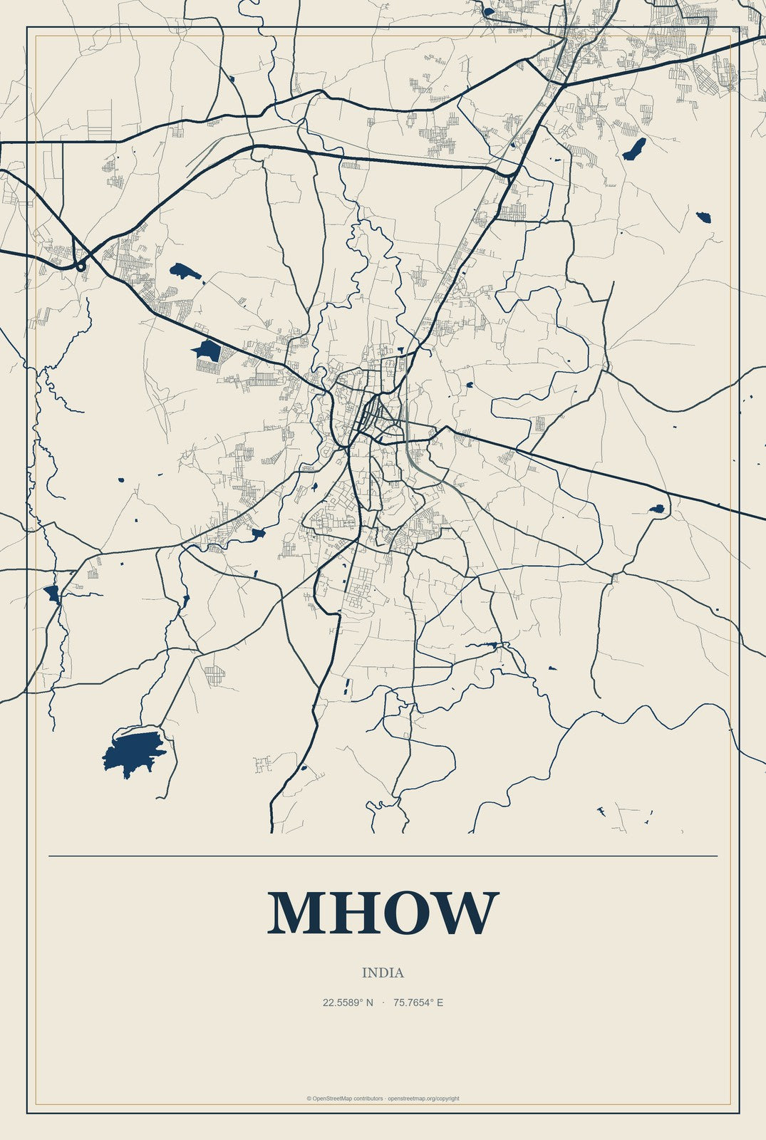 Mhow, India City Map Aluminum Sign in Coastal Cutout style