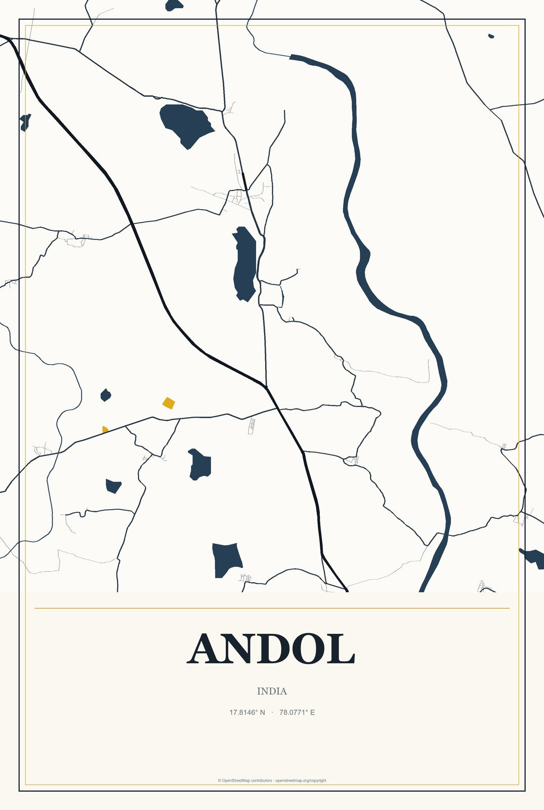 Andol, India City Map Aluminum Sign in Citrine Modern style