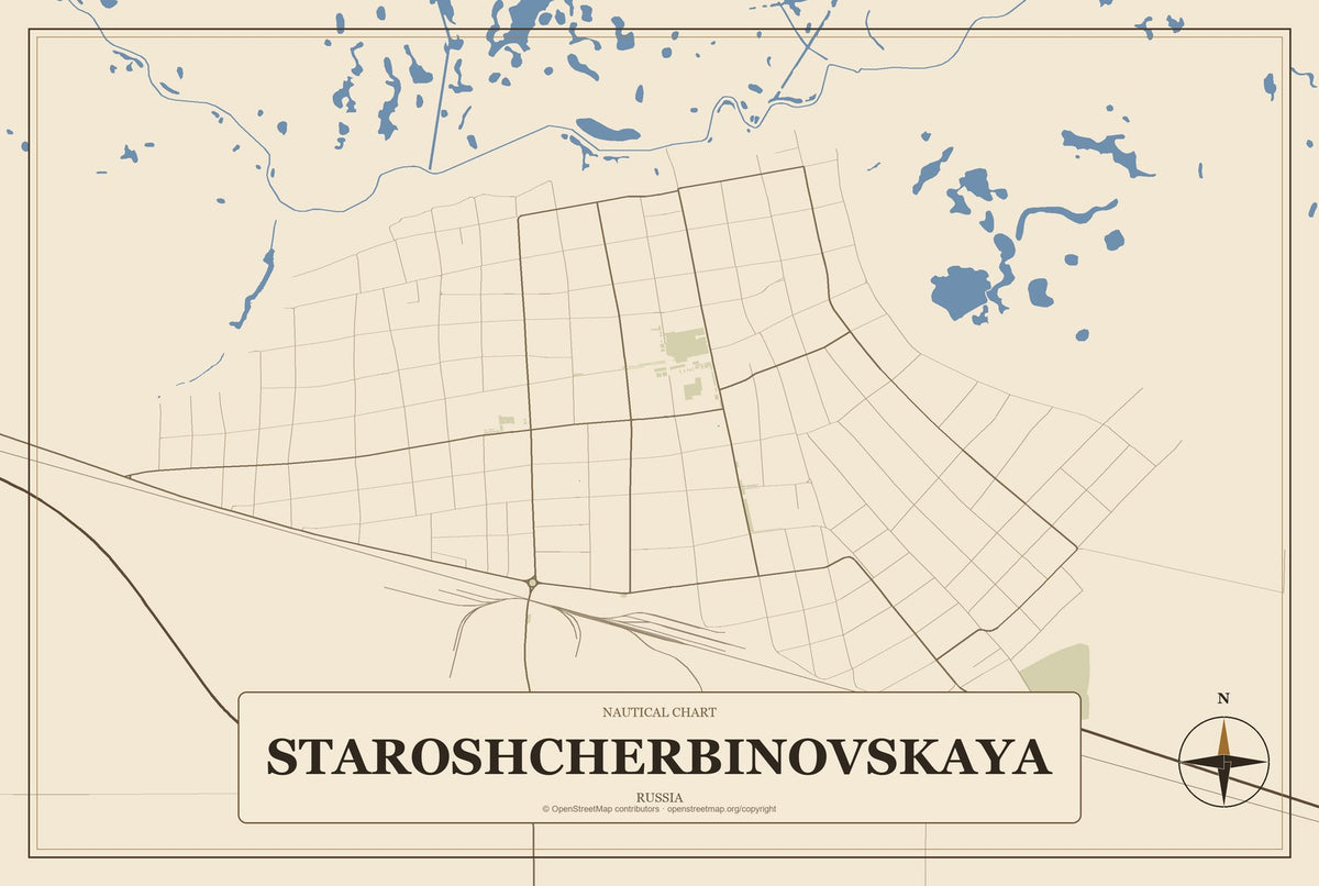 Staroshcherbinovskaya, Russia City Map Aluminum Sign in Heritage Nautical style