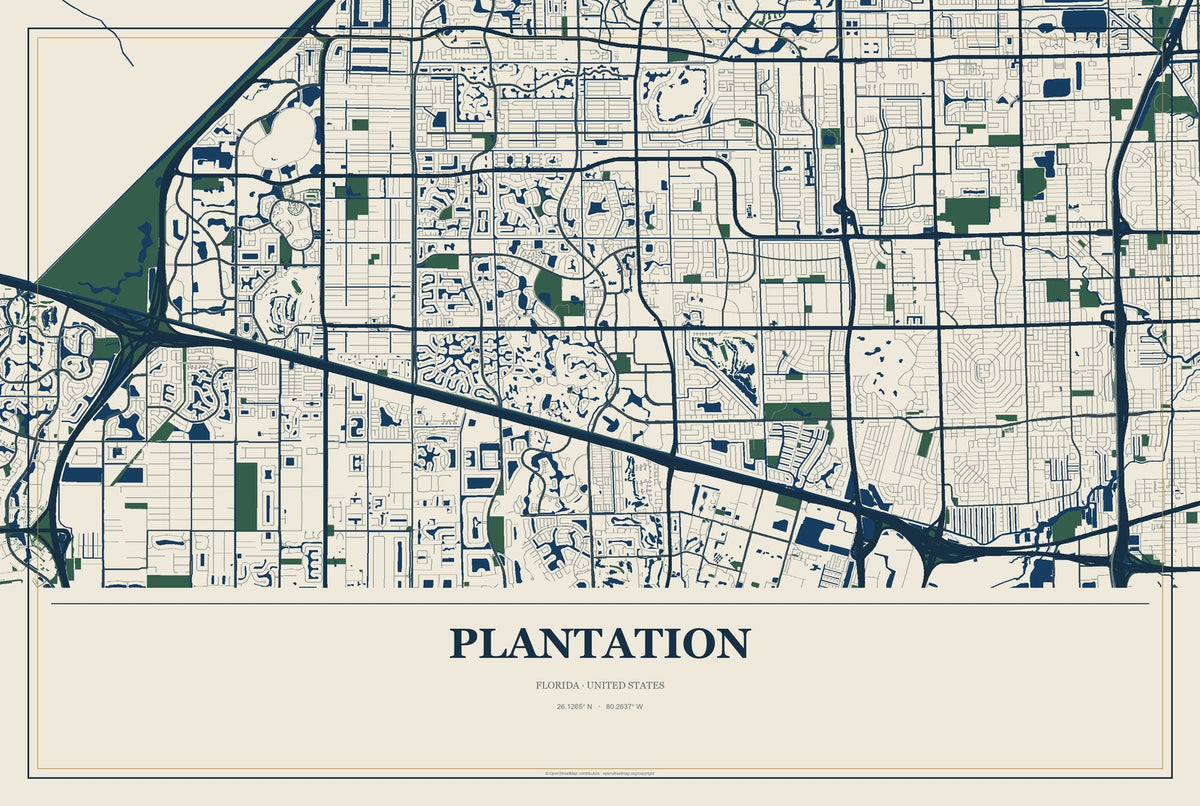 Plantation, Florida City Map Aluminum Sign in Coastal Cutout style