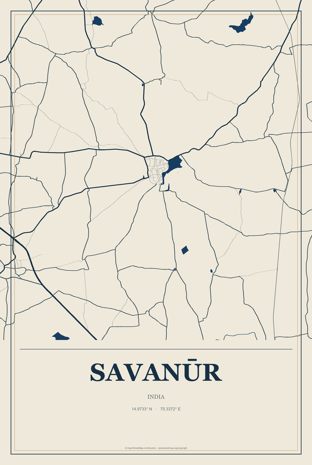 Savanūr, India City Map Aluminum Sign in Coastal Cutout style