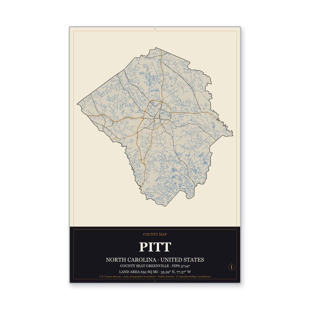 Pitt County, North Carolina Map Aluminum Sign in Museum Plaque style