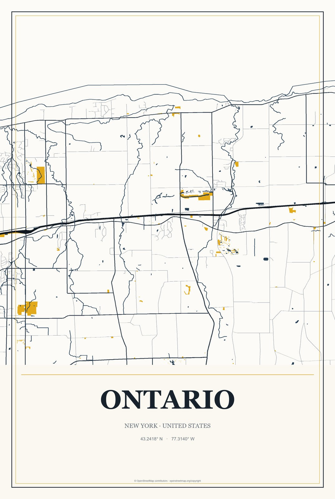 Ontario, New York City Map Aluminum Sign in Citrine Modern style