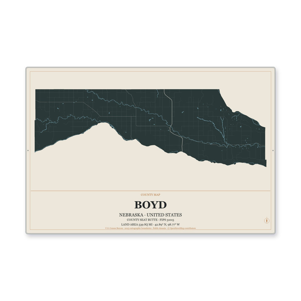 Boyd County, Nebraska Map Aluminum Sign in Headline Atlas style