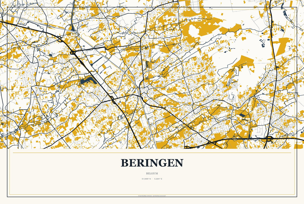 Beringen, Belgium City Map Aluminum Sign in Citrine Modern style