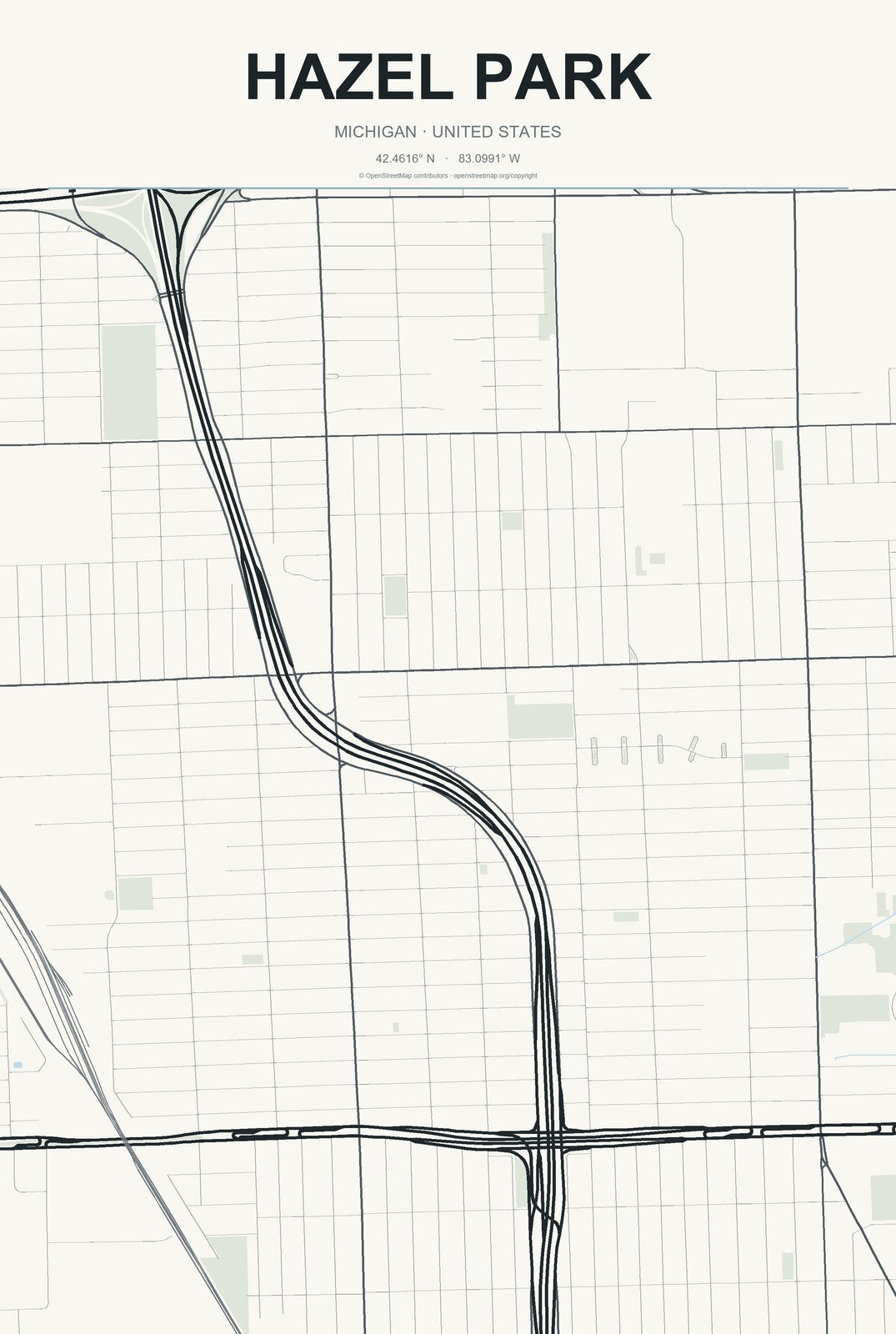 Hazel Park, Michigan City Map Aluminum Sign in Headline Atlas style