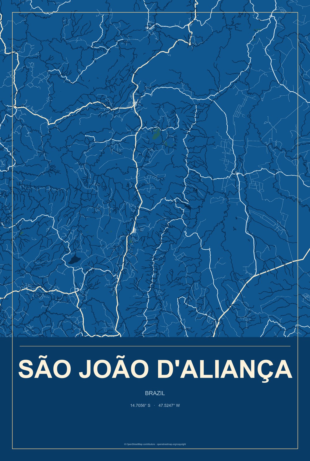 São João d'Aliança, Brazil City Map Aluminum Sign in Harbor Cobalt style