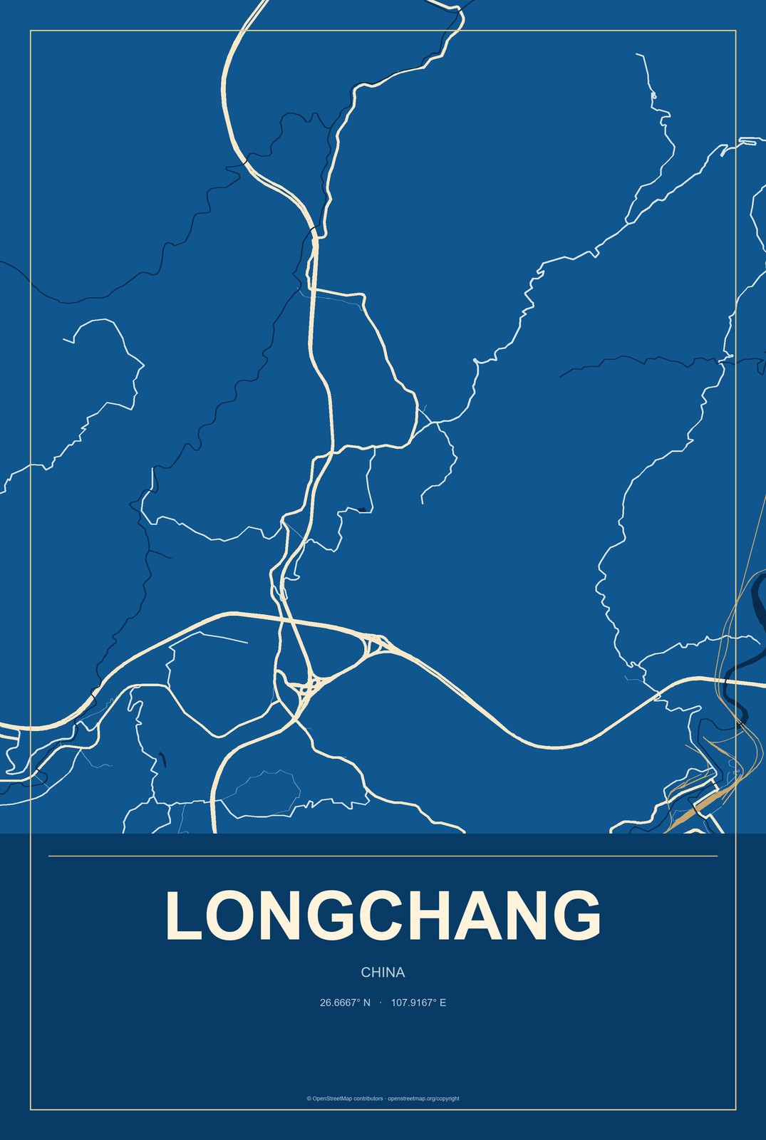 Longchang, China City Map Aluminum Sign in Harbor Cobalt style