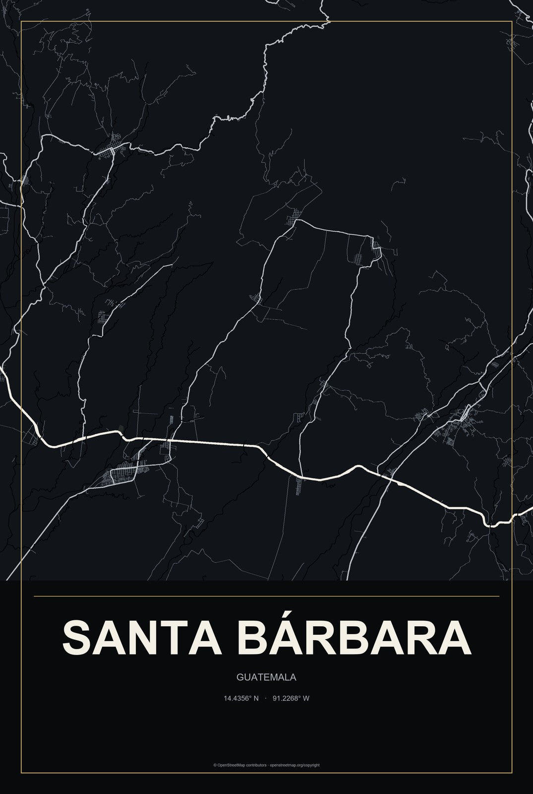 Santa Bárbara, Guatemala City Map Aluminum Sign in Metropolitan Noir style