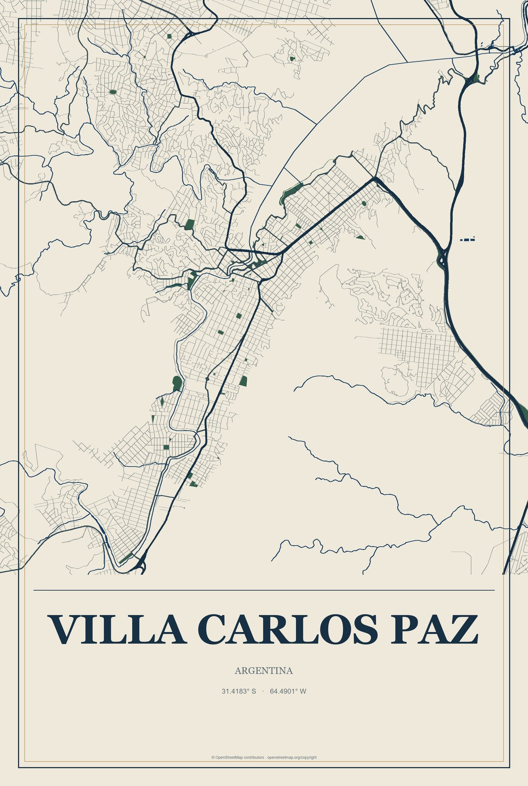 Villa Carlos Paz, Argentina City Map Aluminum Sign in Coastal Cutout style