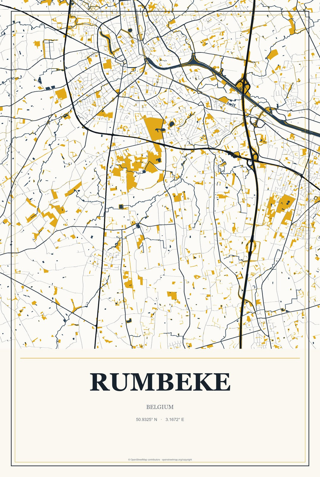 Rumbeke, Belgium City Map Aluminum Sign in Citrine Modern style