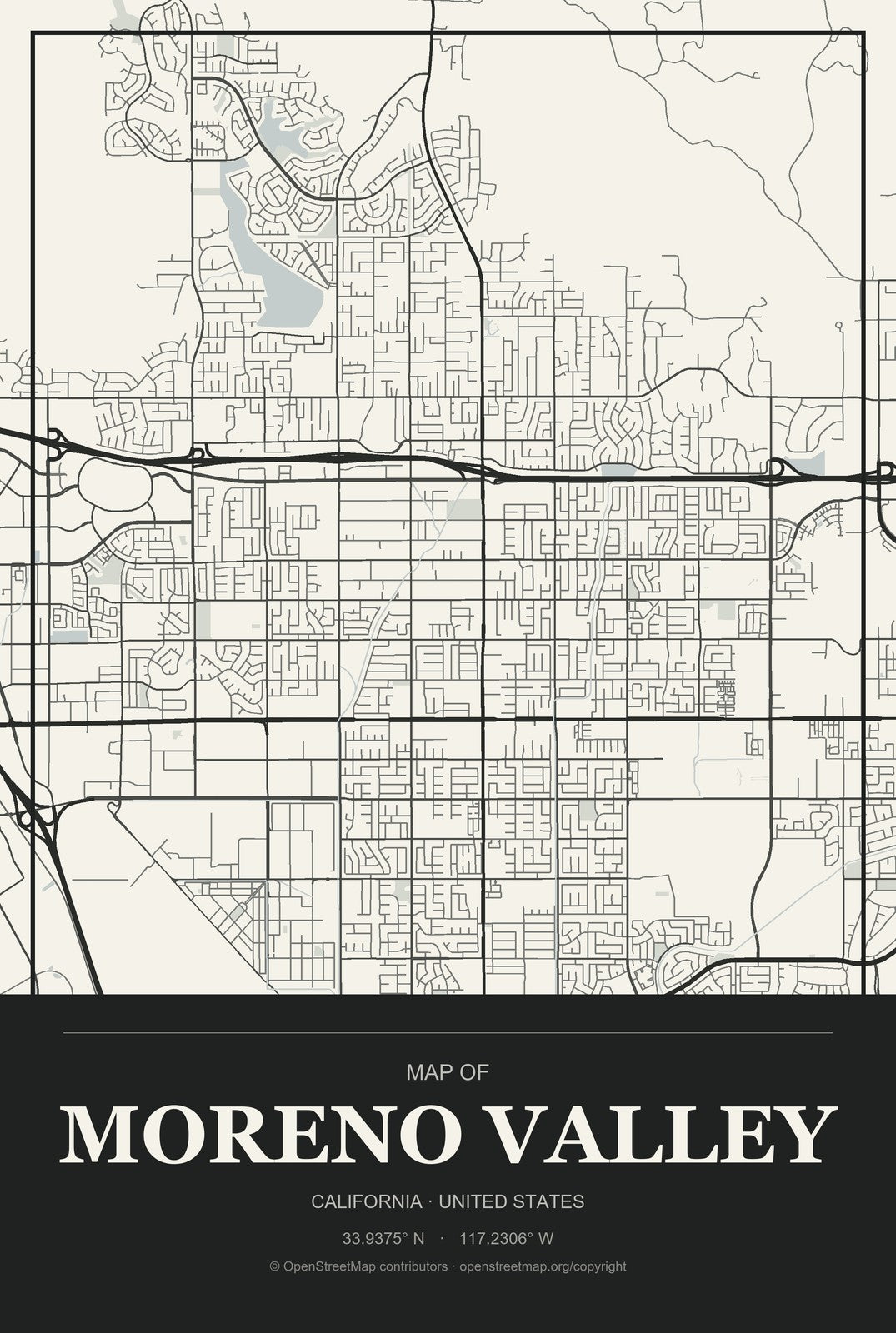 Moreno Valley, California City Map Aluminum Sign in Museum Plaque style