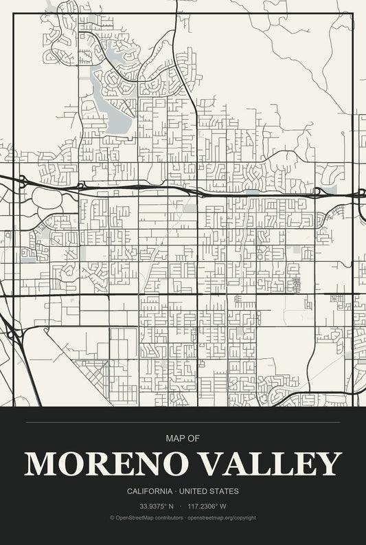 Moreno Valley, California City Map Aluminum Sign in Museum Plaque style