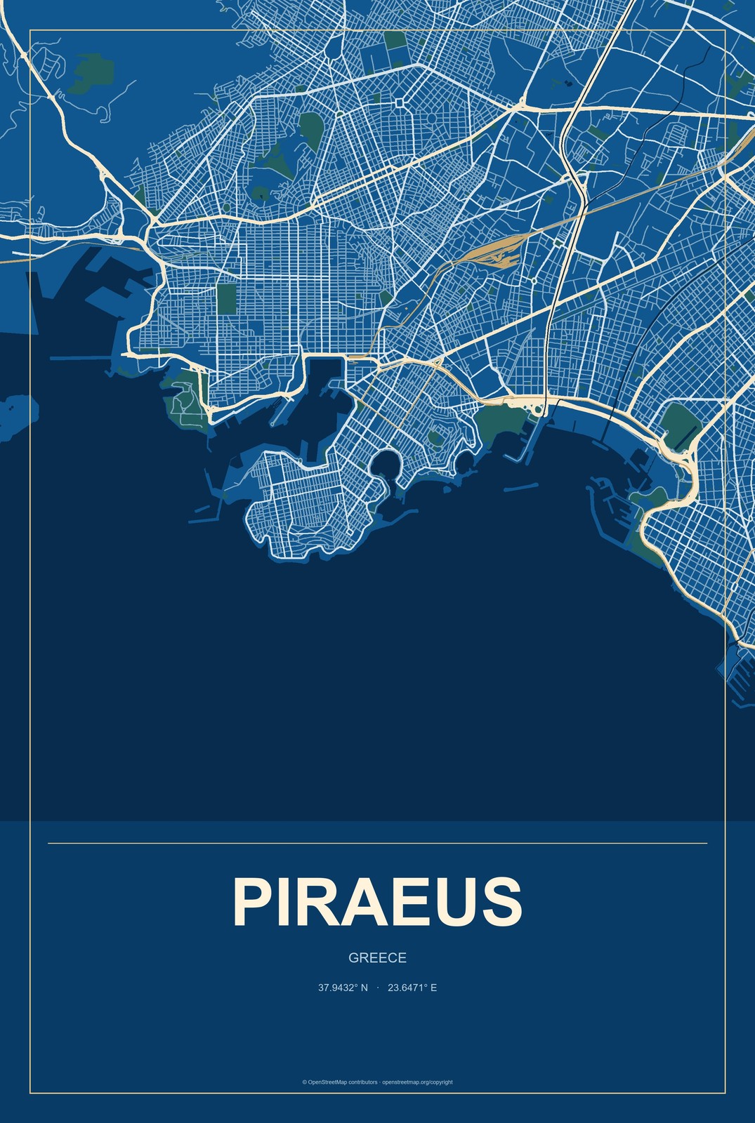 Piraeus, Greece City Map Aluminum Sign in Harbor Cobalt style