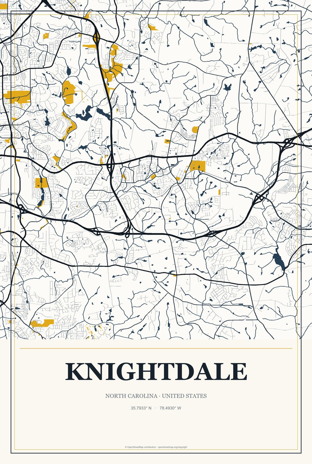Knightdale, North Carolina City Map Aluminum Sign in Citrine Modern style