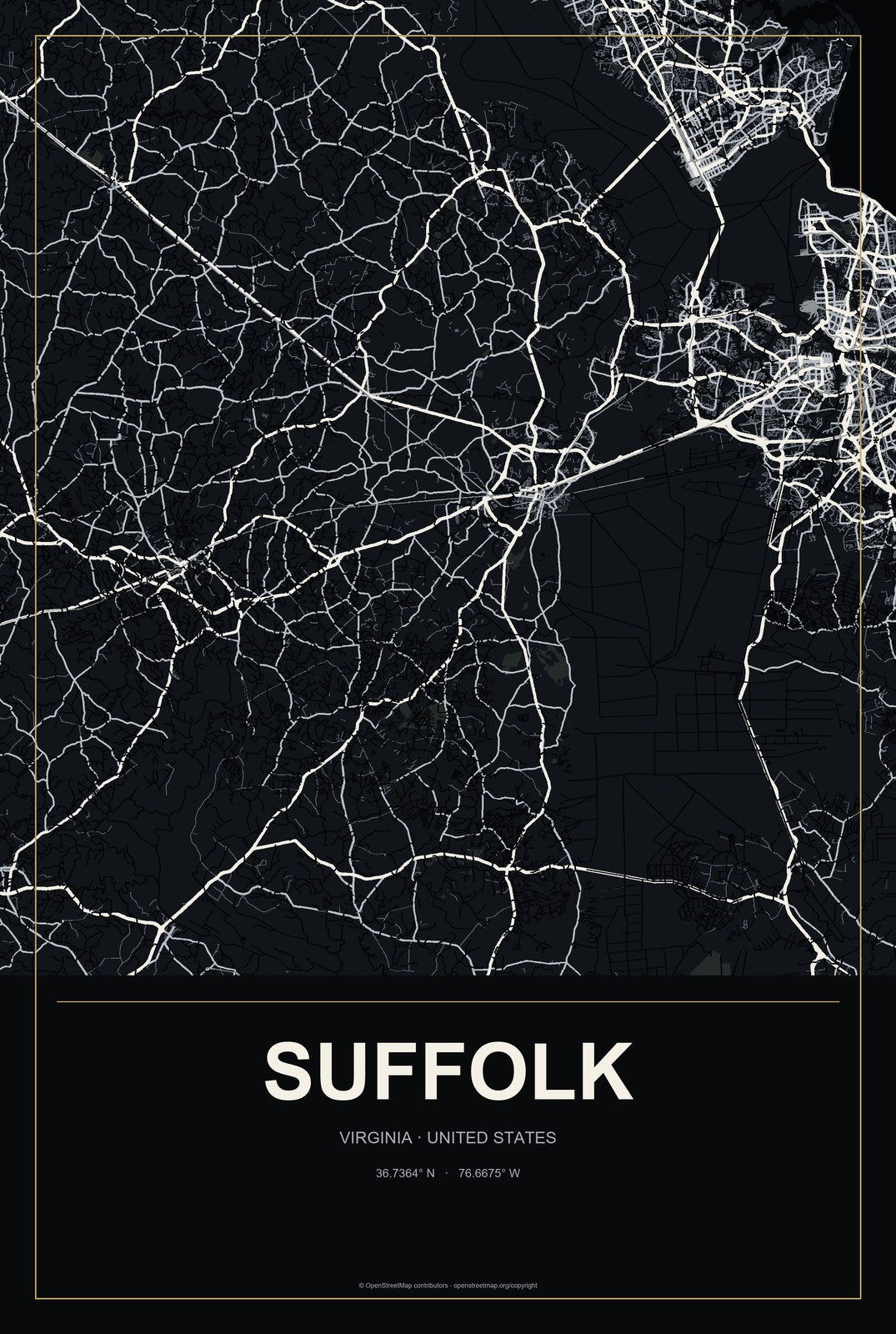 Suffolk, Virginia City Map Aluminum Sign in Metropolitan Noir style