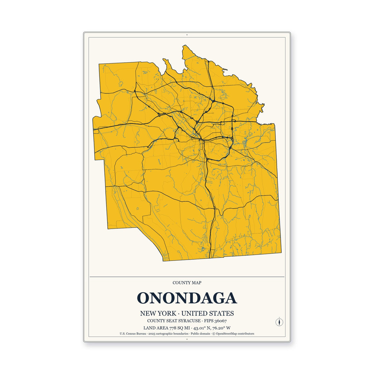 Onondaga County, New York Map Aluminum Sign in Citrine Modern style