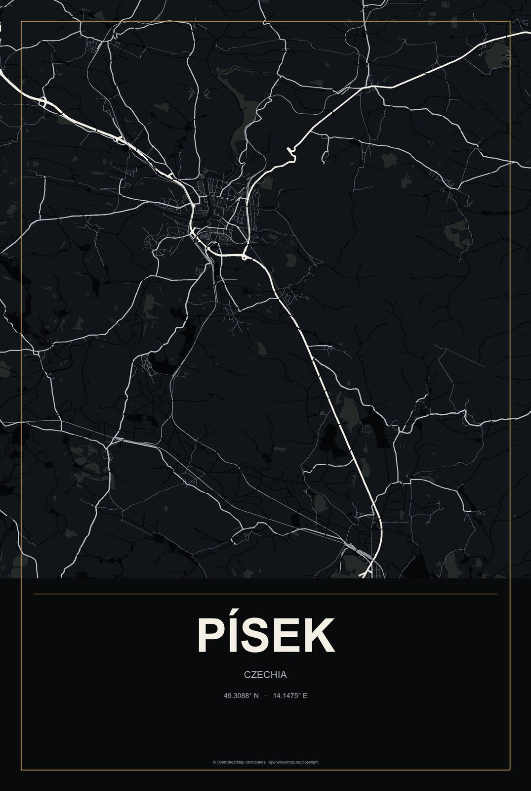 Písek, Czechia City Map Aluminum Sign in Metropolitan Noir style