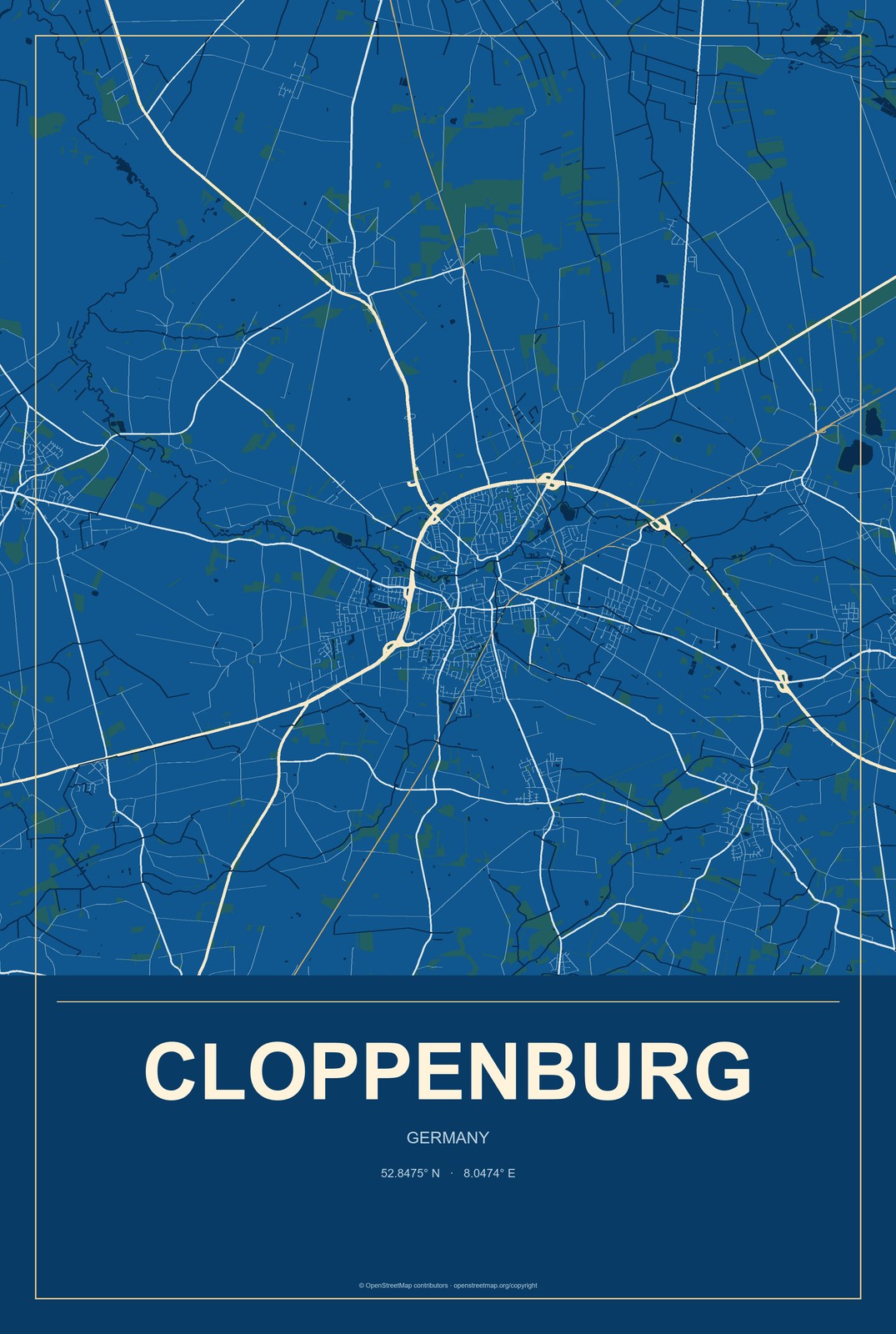 Cloppenburg, Germany City Map Aluminum Sign in Harbor Cobalt style