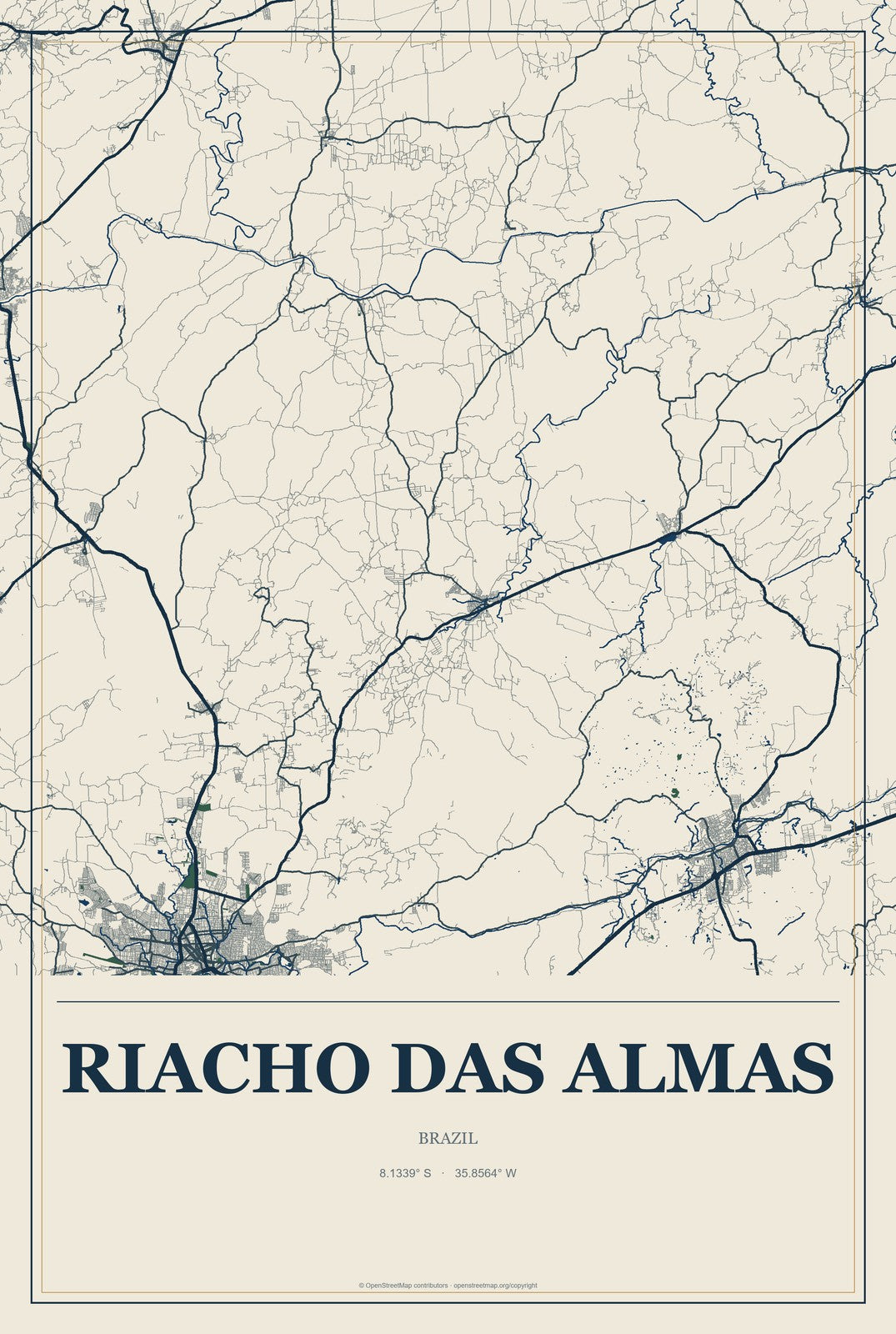 Riacho das Almas, Brazil City Map Aluminum Sign in Coastal Cutout style