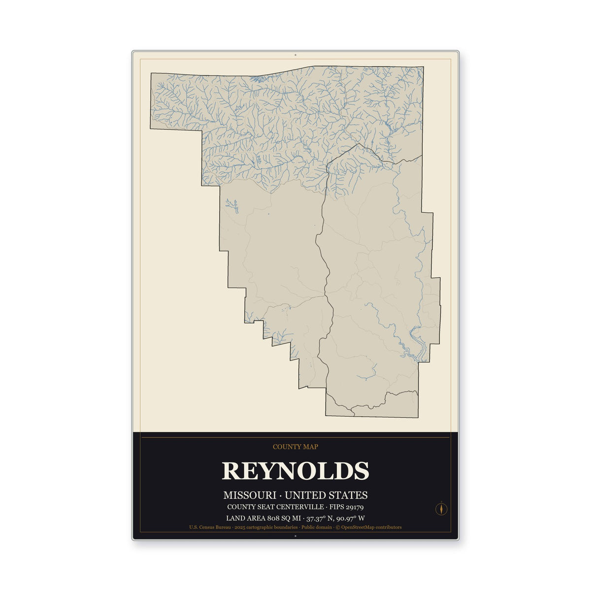 Reynolds County, Missouri Map Aluminum Sign in Museum Plaque style