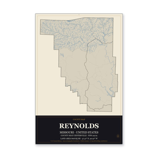 Reynolds County, Missouri Map Aluminum Sign in Museum Plaque style