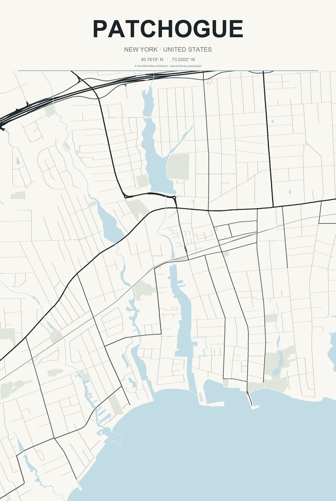 Patchogue, New York City Map Aluminum Sign in Headline Atlas style