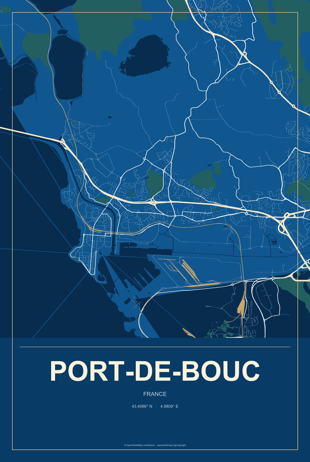 Port-de-Bouc, France City Map Aluminum Sign in Harbor Cobalt style