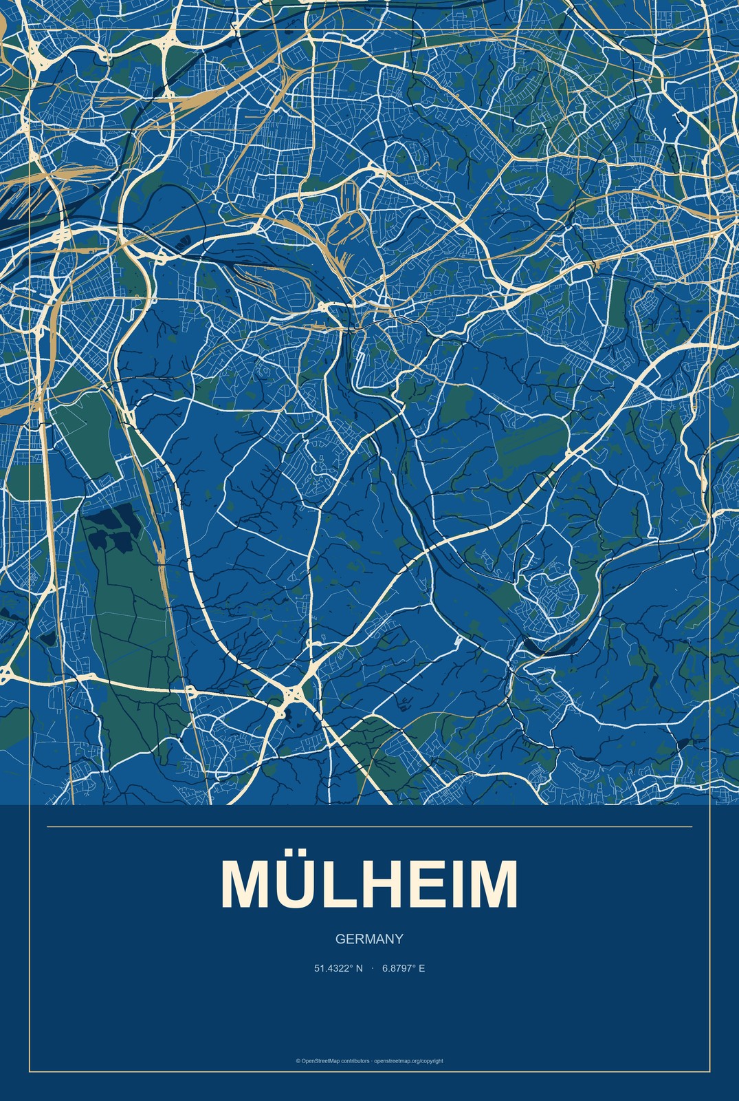 Mülheim, Germany City Map Aluminum Sign in Harbor Cobalt style