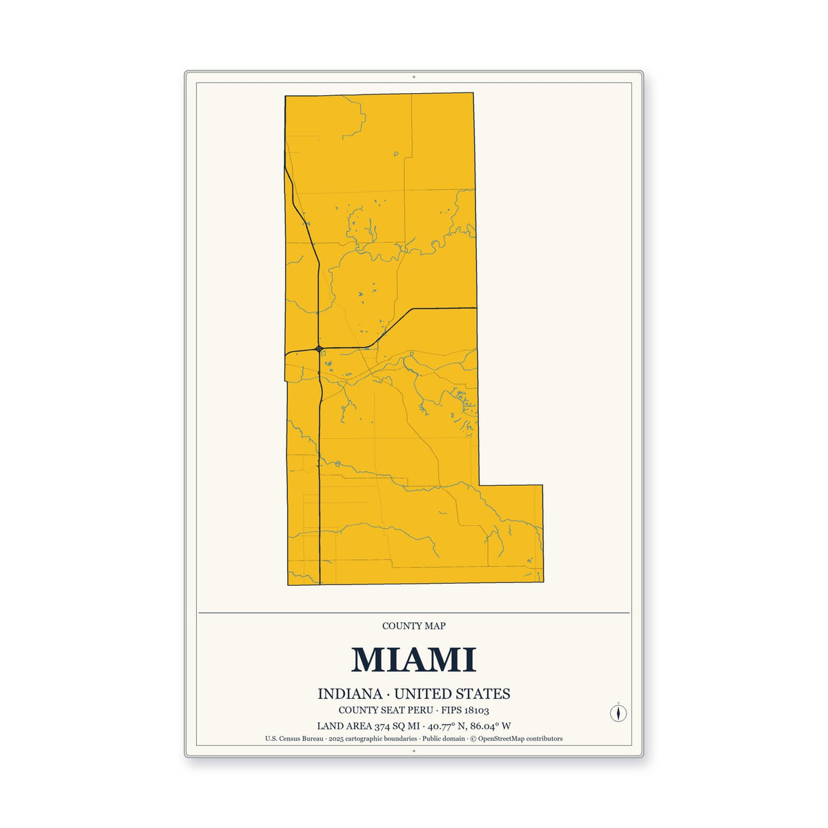 Miami County, Indiana Map Aluminum Sign in Citrine Modern style