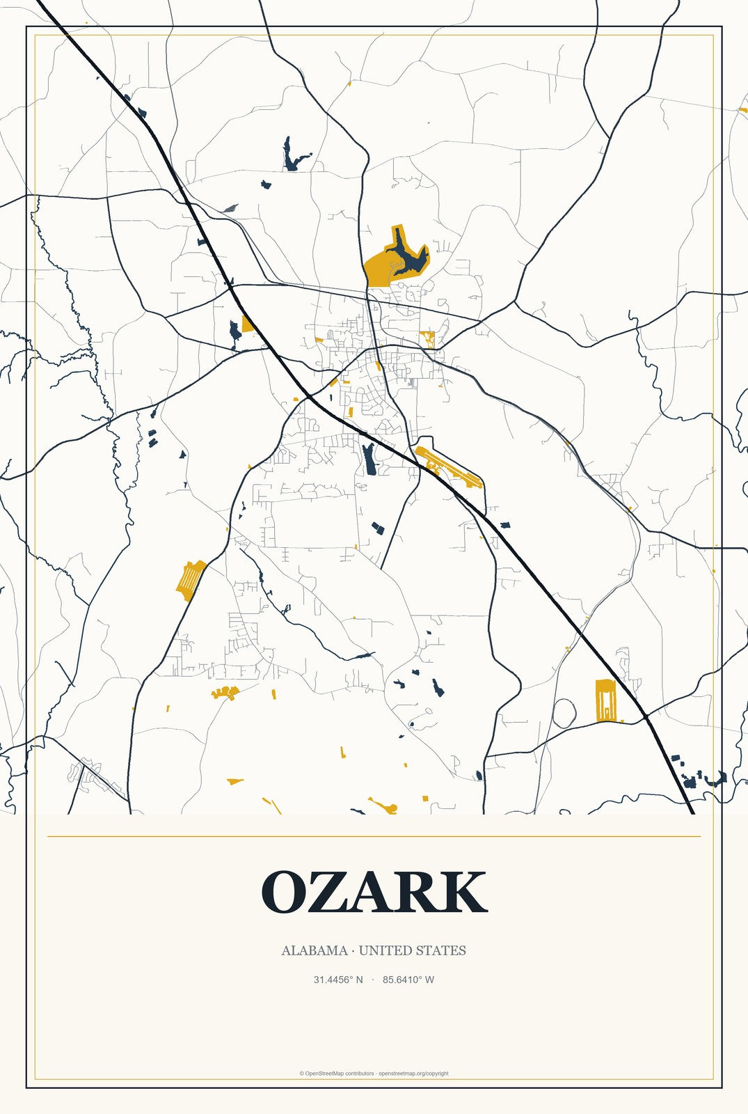 Ozark, Alabama City Map Aluminum Sign in Citrine Modern style