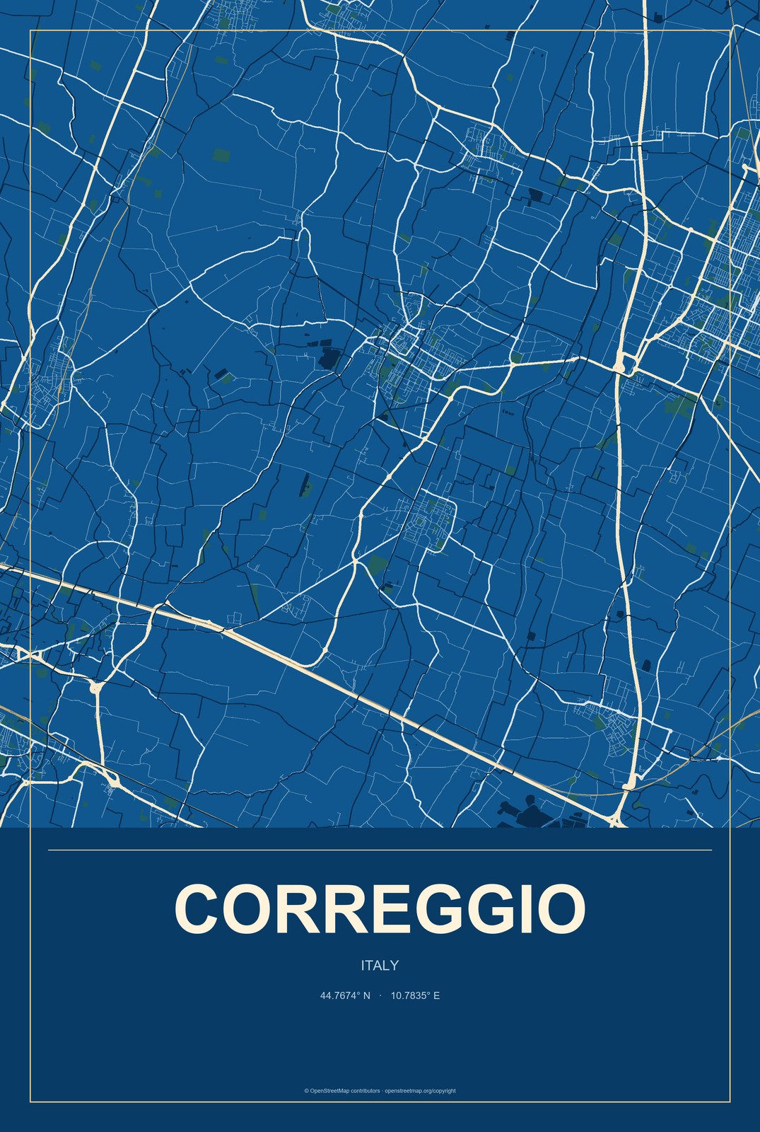 Correggio, Italy City Map Aluminum Sign in Harbor Cobalt style