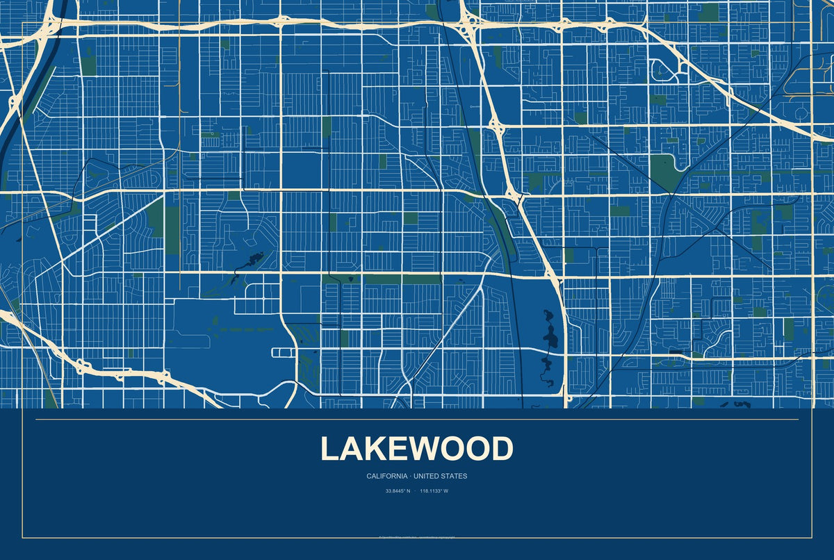 Lakewood, California City Map Aluminum Sign in Harbor Cobalt style
