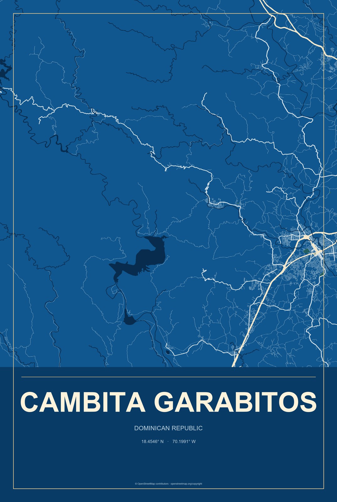 Cambita Garabitos, Dominican Republic City Map Aluminum Sign in Harbor Cobalt style