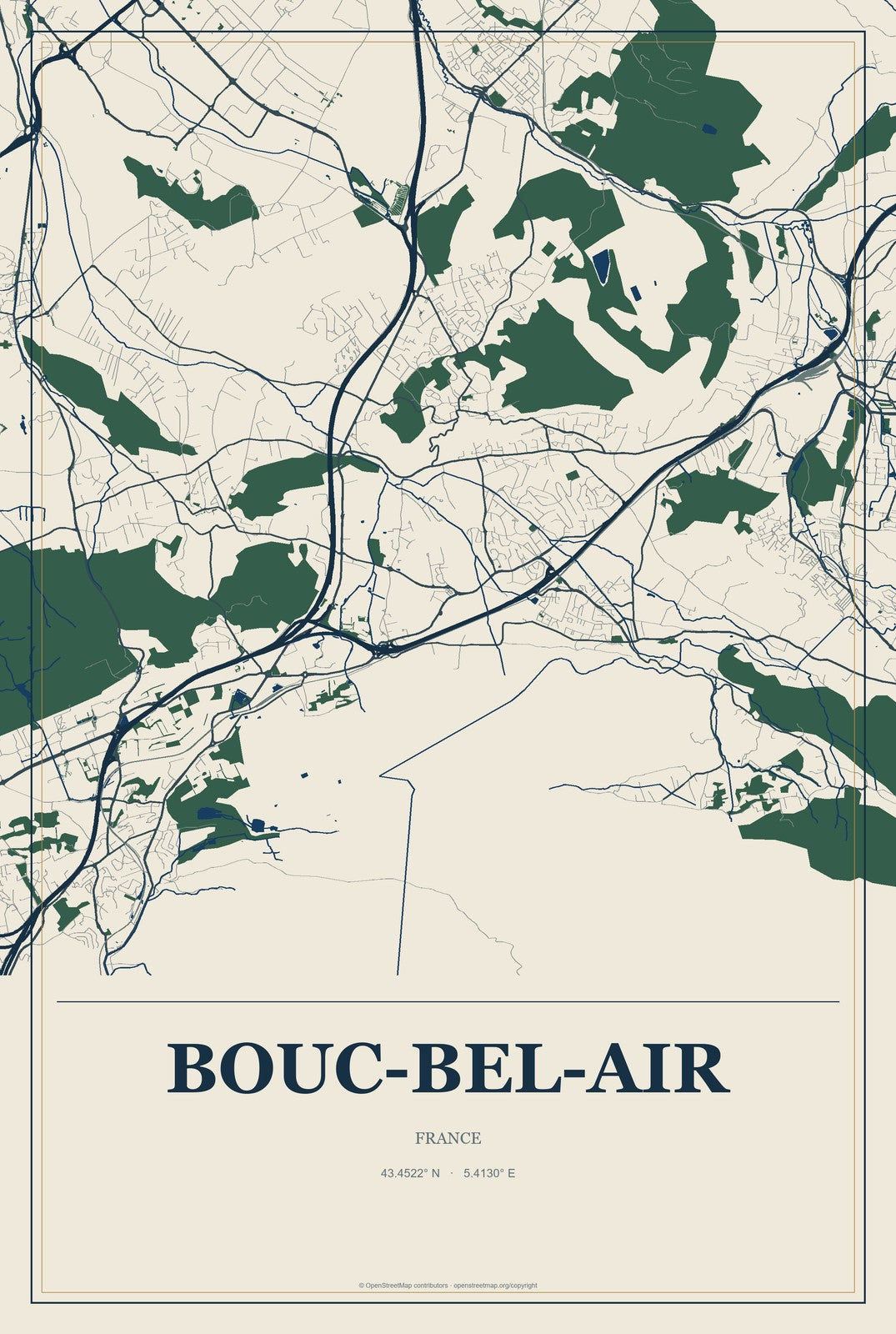 Bouc-Bel-Air, France City Map Aluminum Sign in Coastal Cutout style