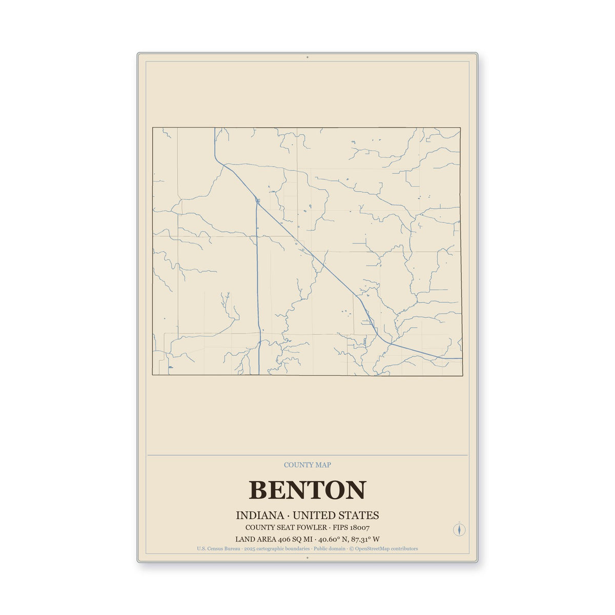 Benton County, Indiana Map Aluminum Sign in Heritage Nautical style