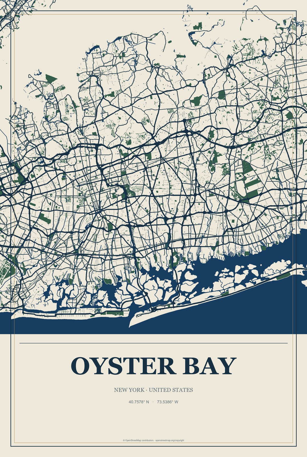 Oyster Bay, New York City Map Aluminum Sign in Coastal Cutout style