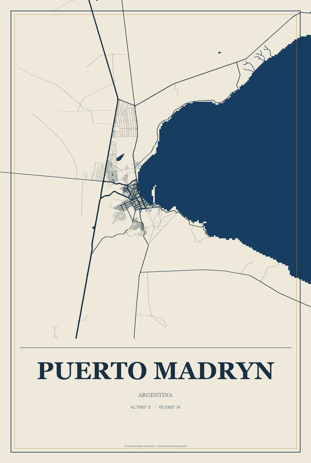 Puerto Madryn, Argentina City Map Aluminum Sign in Coastal Cutout style