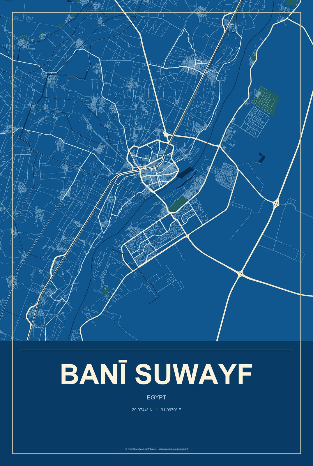 Banī Suwayf, Egypt City Map Aluminum Sign in Harbor Cobalt style