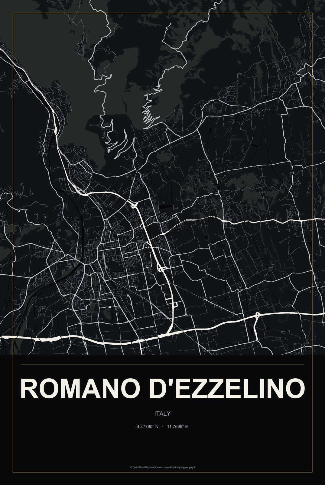 Romano d'Ezzelino, Italy City Map Aluminum Sign in Metropolitan Noir style
