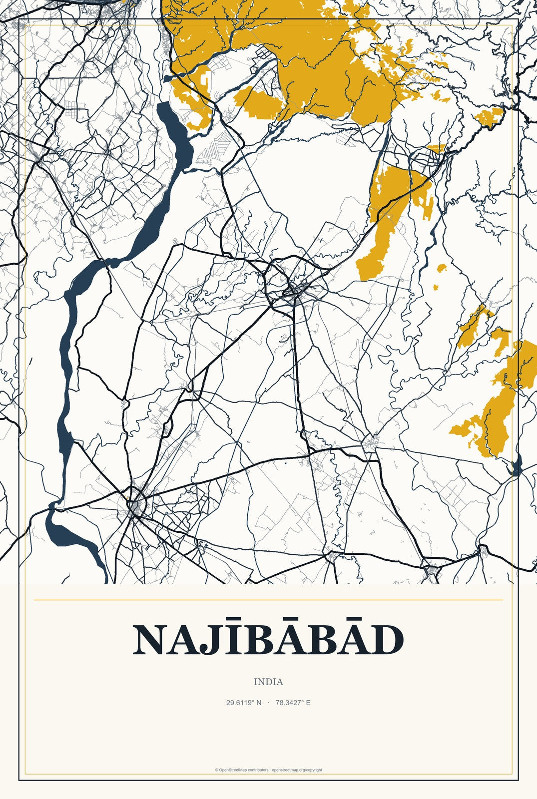 Najībābād, India City Map Aluminum Sign in Citrine Modern style