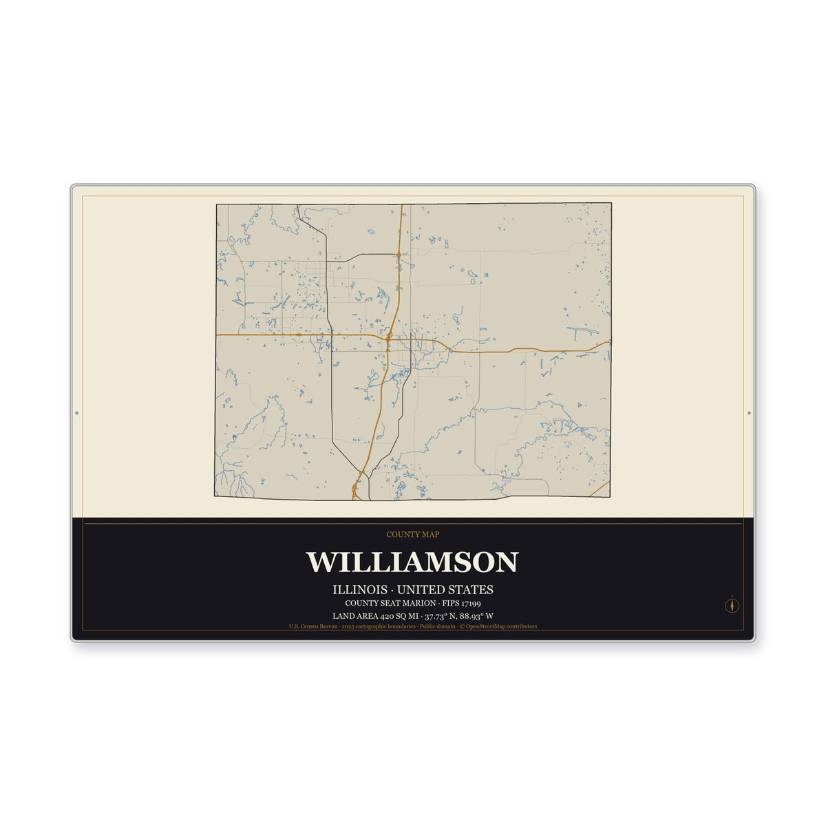 Williamson County, Illinois Map Aluminum Sign in Museum Plaque style