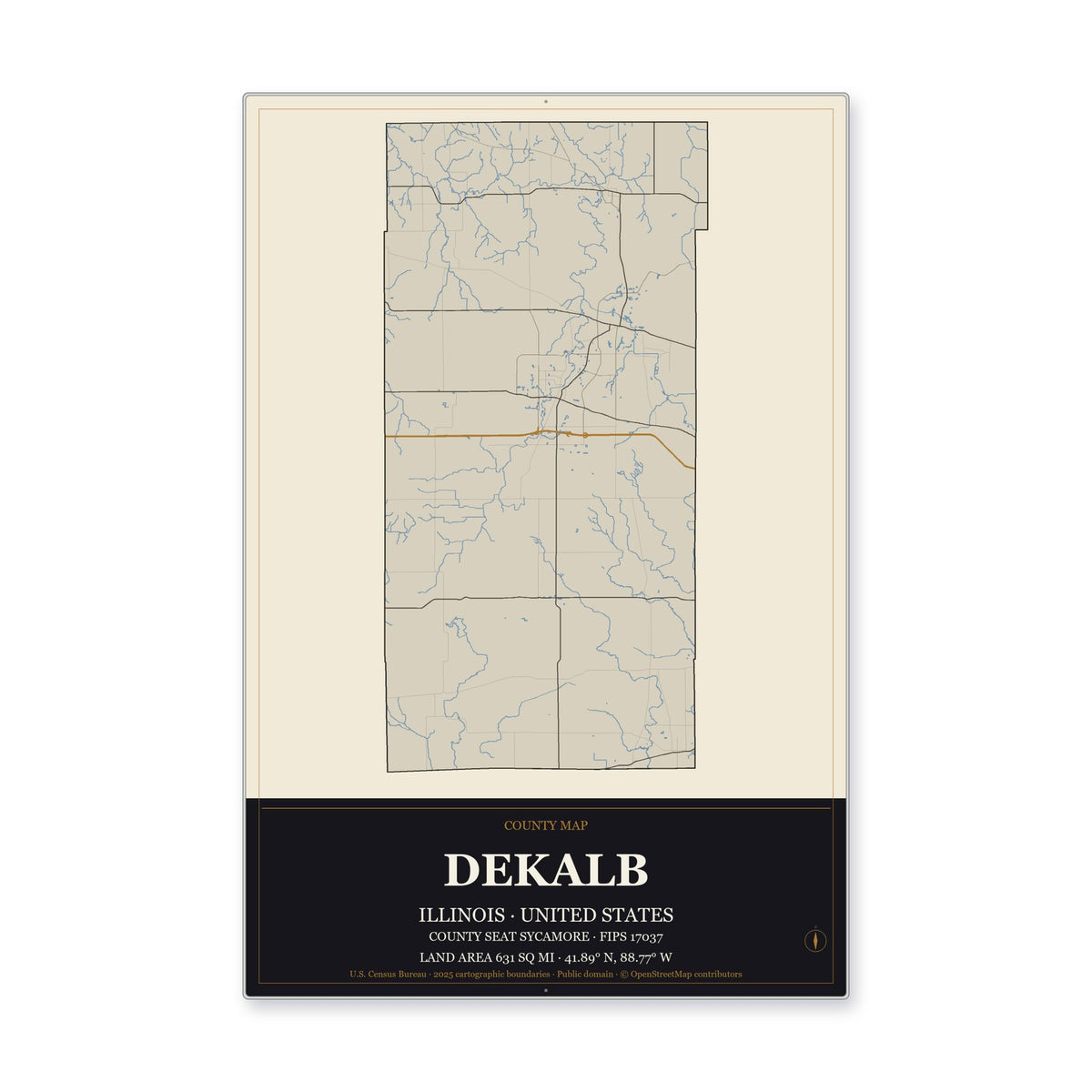 DeKalb County, Illinois Map Aluminum Sign in Museum Plaque style