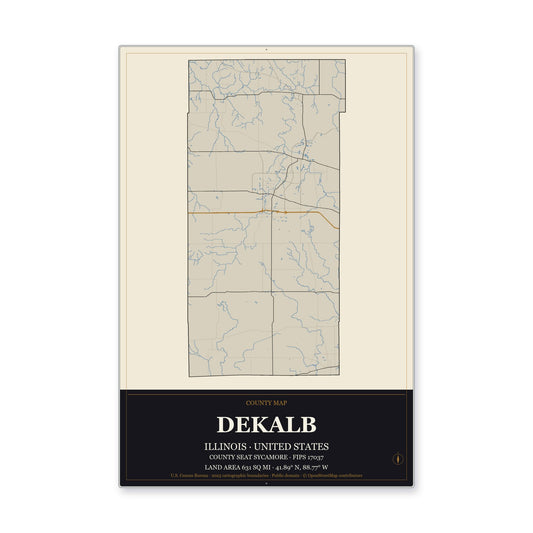 DeKalb County, Illinois Map Aluminum Sign in Museum Plaque style