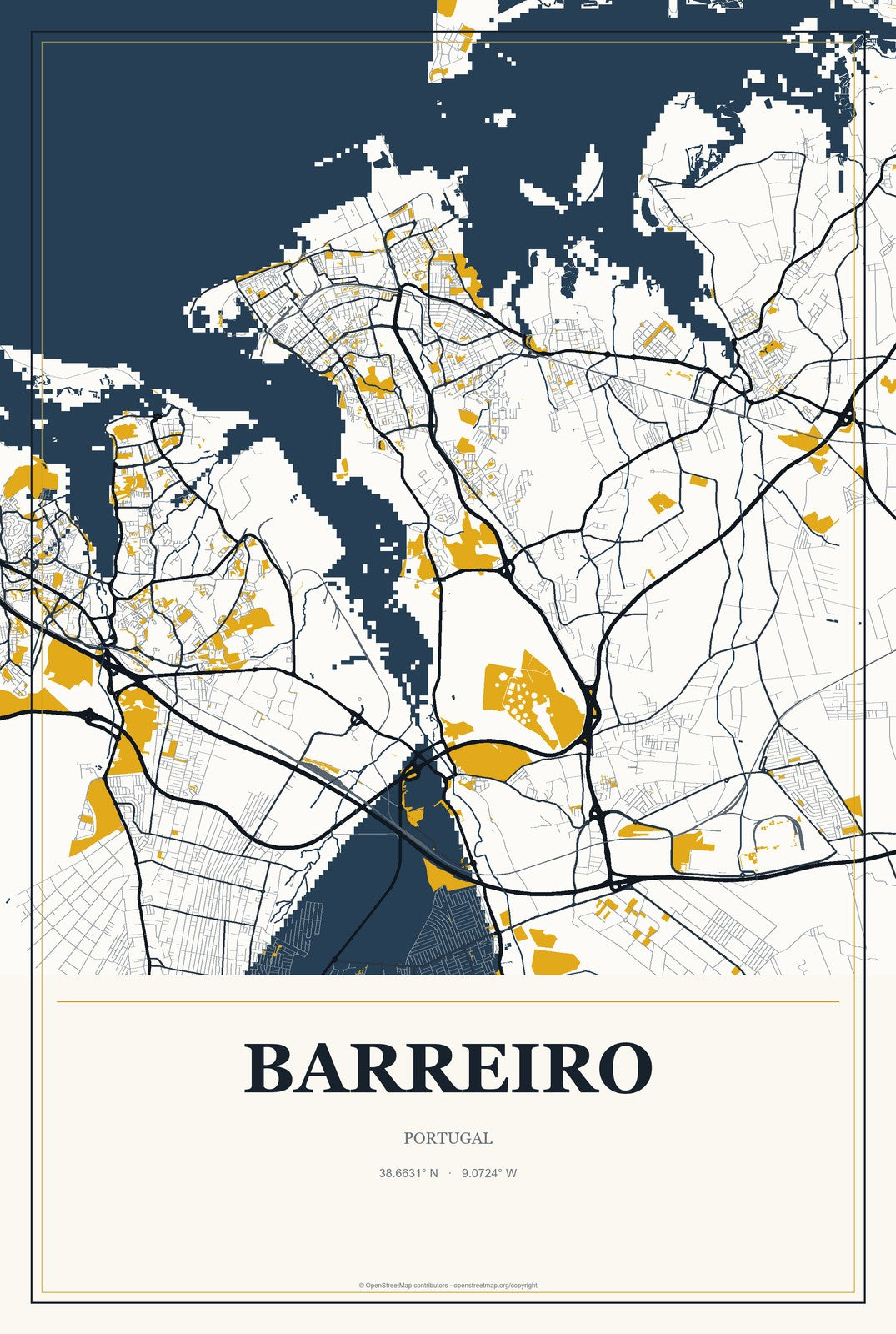 Barreiro, Portugal City Map Aluminum Sign in Citrine Modern style
