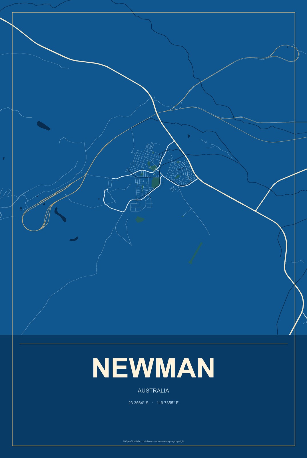 Newman, Australia City Map Aluminum Sign in Harbor Cobalt style