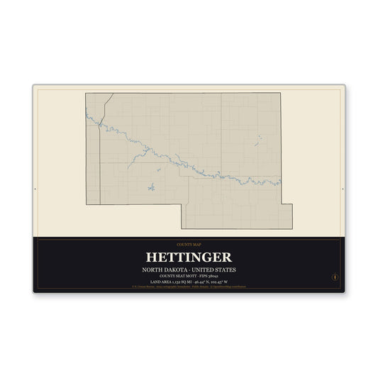 Hettinger County, North Dakota Map Aluminum Sign in Museum Plaque style