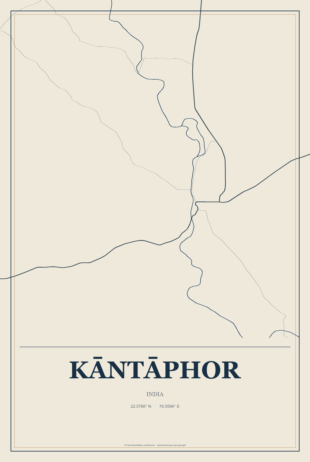 Kāntāphor, India City Map Aluminum Sign in Coastal Cutout style