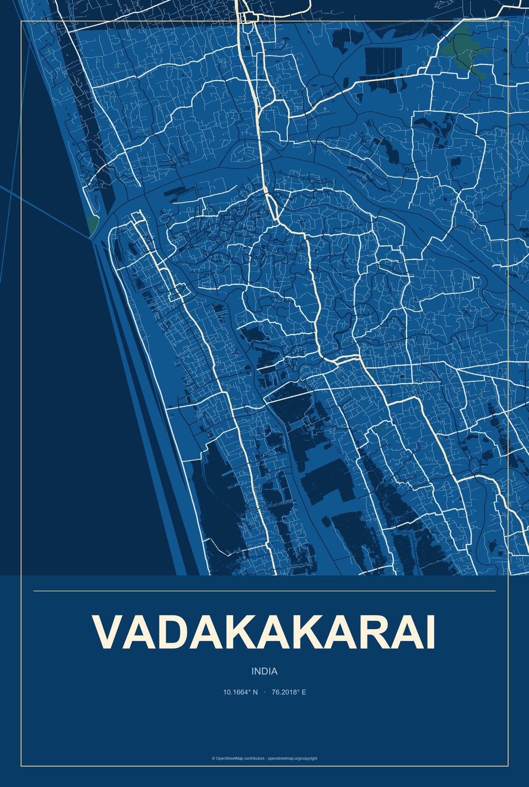 Vadakakarai, India City Map Aluminum Sign in Harbor Cobalt style