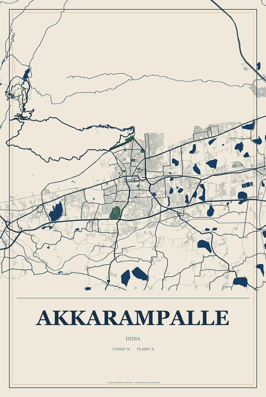 Akkarampalle, India City Map Aluminum Sign in Coastal Cutout style